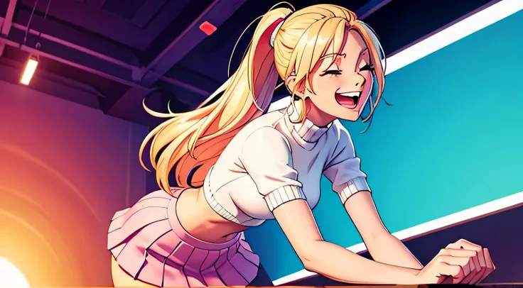 Indie game art,(full body wearing tight white sweater, showing midriff and pleated pink skirt, Cartoon style), Hand drawn, Technical illustration, Graphic design, blonde hair in a ponytail, pale skin, (eyes closed), (((laughing uncontrollably as shes being...