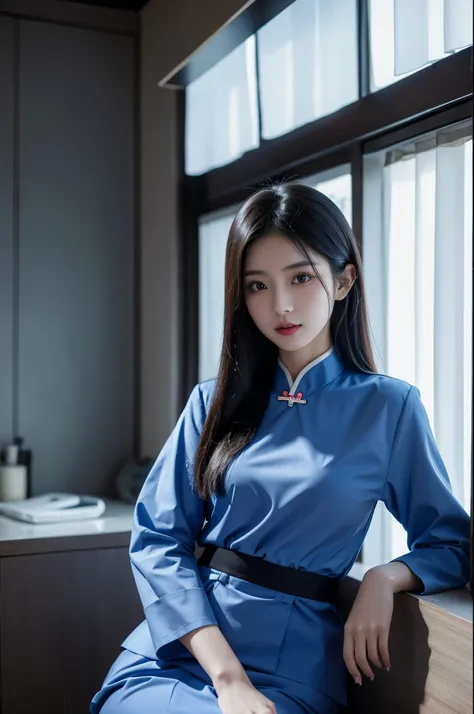 Chinese beauty wearing blue nurse uniform