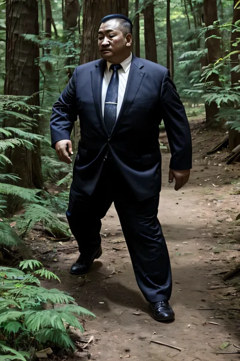 wear suit，Wear a black tie, Fat Chinese mature middle-aged man with security guard，fighting in the forest