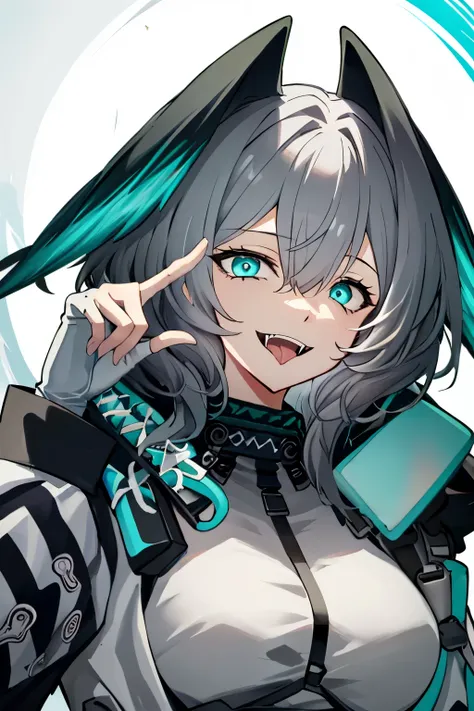 hoolheyak(arknights), 1girl, open mouth, solo, tongue, fingerless gloves, hood, tongue out, smile, grey hair, portrait, aqua eye...