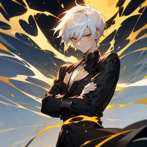 Anime male, teenager, handsome, fair-skinned, resolute eyes, white hair, short hair, deep golden eyes, powerful, black suit with black gloves, golden clothes, royal style, flame, crossed arms