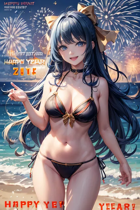 (text in "Happy new year!":1.5), masterpiece, Best Quality, Standing, Lieselotte Cretia, light smile, Long hair, Wavy Hair, Bangs, hair between eye, Hair Bow, Blue eyes, (Blue hair:1), Black Bikini, Beach, fireworks scene,