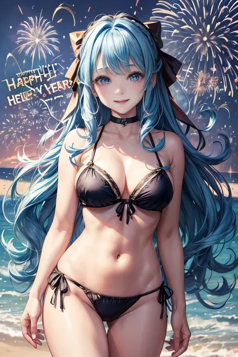 (text in "Happy new year!":1.5), masterpiece, Best Quality, Standing, Lieselotte Cretia, light smile, Long hair, Wavy Hair, Bangs, hair between eye, Hair Bow, Blue eyes, (Blue hair:1), Black Bikini, Beach, fireworks scene,