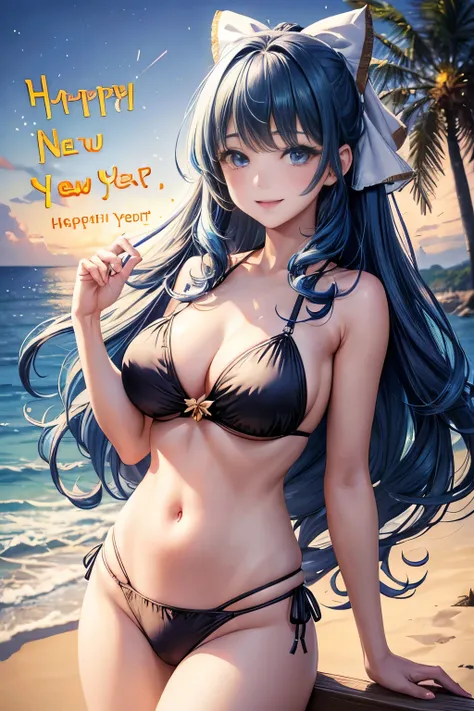 (text in "Happy new year!":1.3), masterpiece, Best Quality, Standing, Lieselotte Cretia, light smile, Long hair, Wavy Hair, Bangs, hair between eye, Hair Bow, Blue eyes, (Blue hair:1), Black Bikini, Beach, fireworks scene,