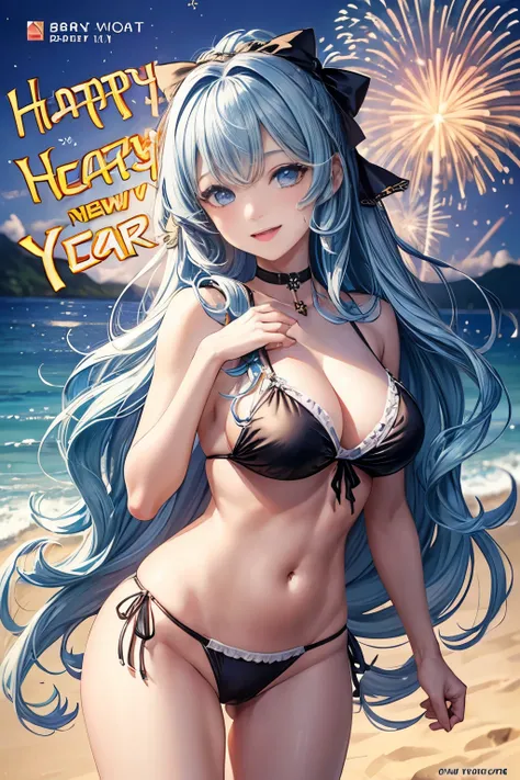 (text in "Happy new year!":1.3), masterpiece, Best Quality, Standing, Lieselotte Cretia, light smile, Long hair, Wavy Hair, Bangs, hair between eye, Hair Bow, Blue eyes, (Blue hair:1), Black Bikini, Beach, fireworks scene,