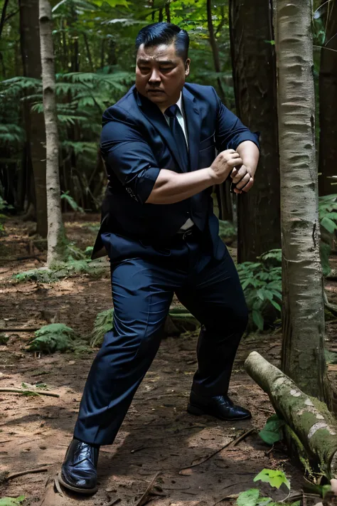 wear suit，Wear a black tie, Fat Chinese mature middle-aged man with security guard，fighting in the forest