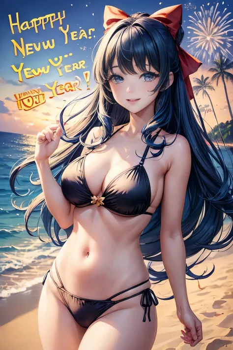 (text in "Happy new year!":1.4), masterpiece, Best Quality, Standing, Lieselotte Cretia, light smile, Long hair, Wavy Hair, Bangs, hair between eye, Hair Bow, Blue eyes, (Blue hair:1), Black Bikini, Beach, fireworks scene,