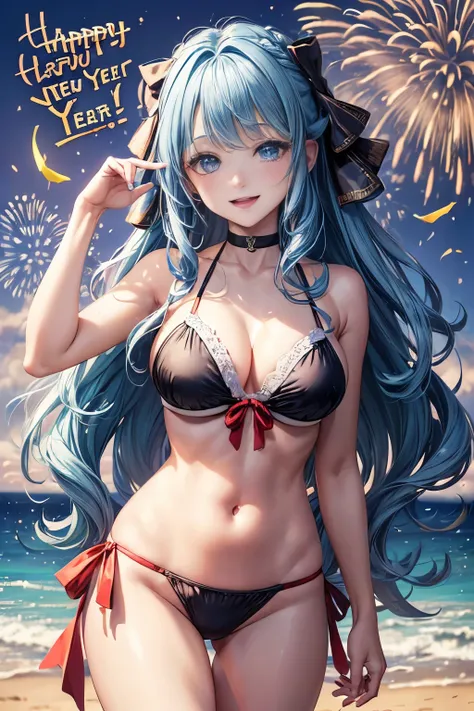 (text in "Happy new year!":1.4), masterpiece, Best Quality, Standing, Lieselotte Cretia, light smile, Long hair, Wavy Hair, Bangs, hair between eye, Hair Bow, Blue eyes, (Blue hair:1), Black Bikini, Beach, fireworks scene,