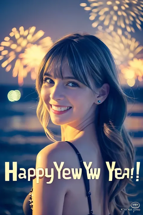 (text in "Happy new year!":1.4), masterpiece, Best Quality, Standing, Lieselotte Cretia, light smile, Long hair, Wavy Hair, Bangs, hair between eye, Hair Bow, Blue eyes, (Blue hair:1), Black Bikini, Beach, fireworks scene,