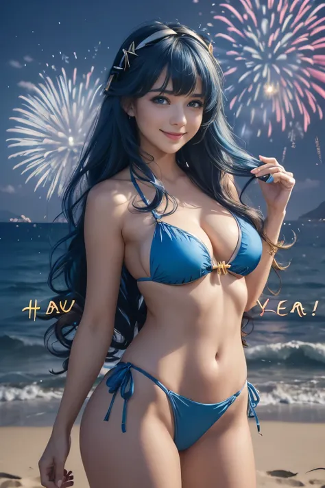 (text in "Happy new year!":1.45), masterpiece, Best Quality, Standing, Lieselotte Cretia, light smile, Long hair, Wavy Hair, Bangs, hair between eye, Hair Bow, Blue eyes, (Blue hair:1), Bikini, Beach,night fireworks scene, cinematic lighting