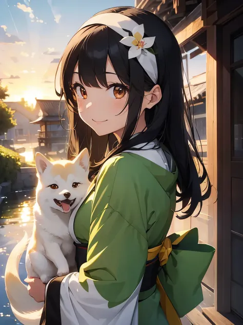 Cute illustration、(１Woman with dark hair、length hair、slim figure、oriental dragon green headband、Kimono)、(holding a white shiba inu)、A smile、Sunrise、Lighting from the side