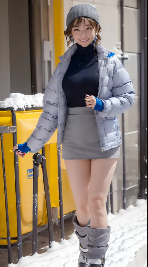 (in 8K、超A high resolution、Best Quality、masuter piece、Photorealsitic、The ultra -The high-definition)、(Grey turtleneck、Blue down jacket、Definitely a pretty short black micro miniskirt:1.28)(Always walk through the city when it snows:1.1)A Japanese Lady、Cute ...