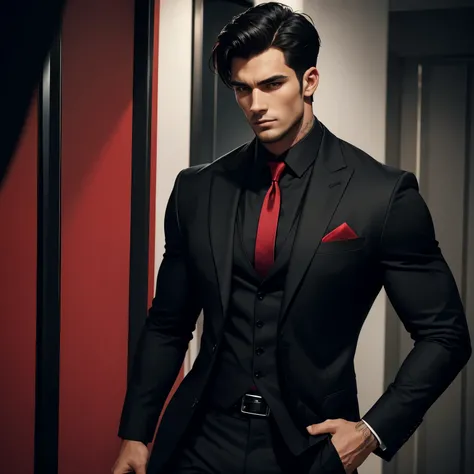 A handsome man with a shirt black and red suit. He is muscle and tall. Black short hair