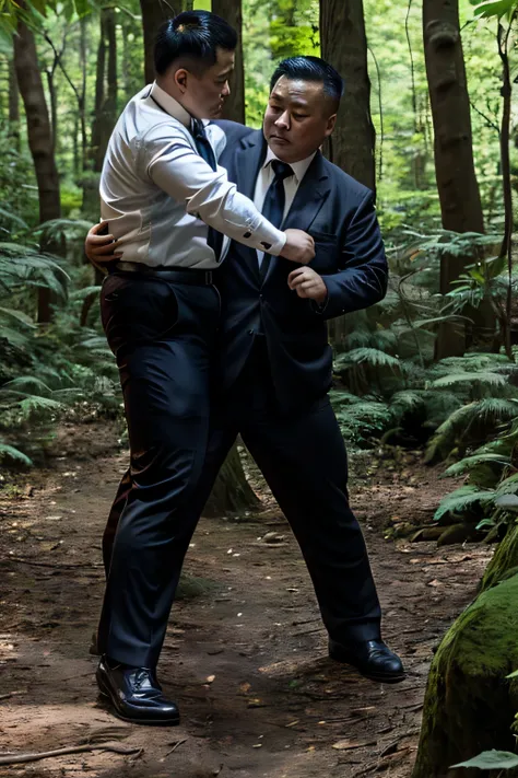 wear suit，Wear a black tie, Fat Chinese mature middle-aged man with security guard，fighting in the forest