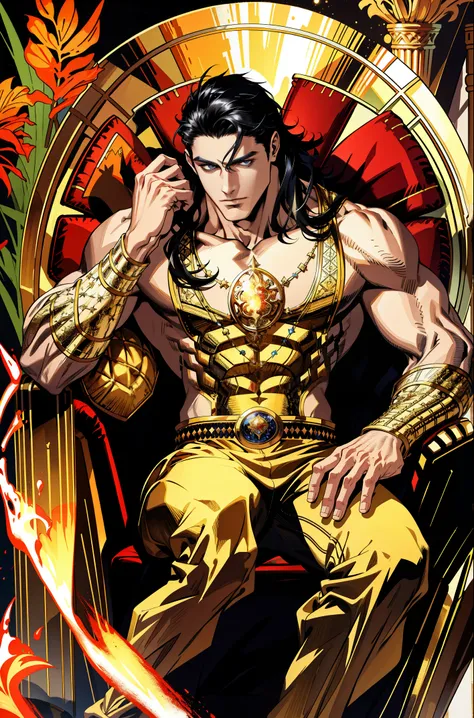 (absurdres, highres, ultra detailed), 1 male, , handsome, tall muscular guy, broad shoulders, finely detailed eyes and detailed face, long hair, fantasy, magnificent background, throne, magic effect, flame