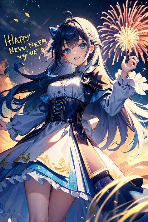 (text in "Happy new year!":1.2), masterpiece, Best Quality, Standing, Lieselotte Cretia, light smile, Long hair, Wavy Hair, Bangs, hair between eye, Hair Bow, Blue eyes, (Blue hair:1), resort dress, Beach, night fireworks scene, cinematic lighting