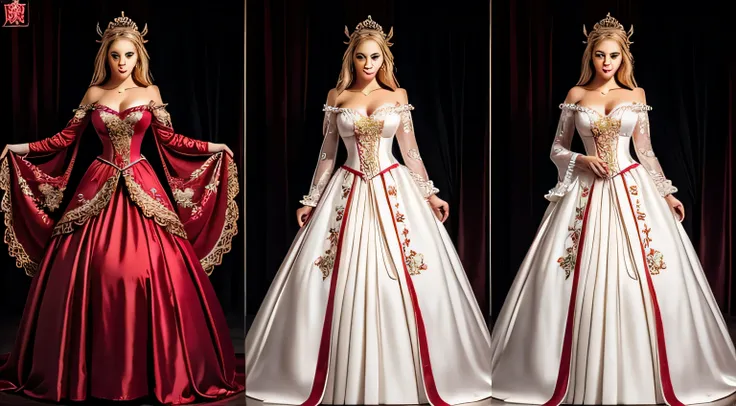 masterpiece, woman {sarah:melissa] with BEAUTIFUL BLONDE HAIR, beautiful large eyes, sharp eyebrow, IN full body, magician cloth, red SATIN wedding dress, hanfu DRESS with silk front, FRONT FACING, LARGE BREAST, CORSET TOP, full body standing, INSPIRED BY ...