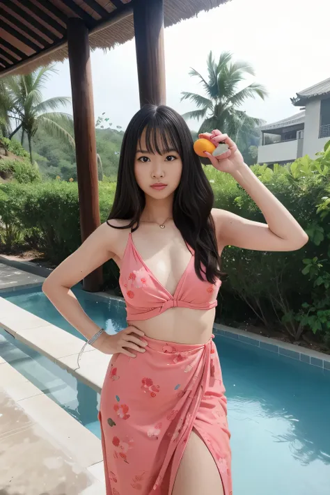 Araffe woman in pink dress holding fruit, wearing two - piece swimsuit, is wearing a swimsuit, xintong chen, swimsuit, costume: Bikini, Yoshitomo Nara, in Bikini, hot with shining sun, gorgeous chinese model, Height 165 cm.., 2 8 years old