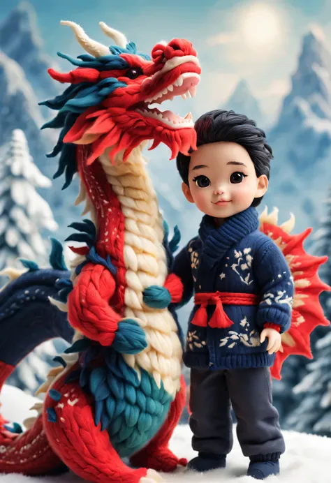 （Plush toy design），Smiling cute Chinese dragon baby and Barbie doll couple，（wool craft），（Fluffy：0.68） ，Winter high-end gorgeous fashion Chinese style sweater scarf， Cute 3d rendering，Background with：Dark navy and fiery red，heavy snow ground，golden colored，...