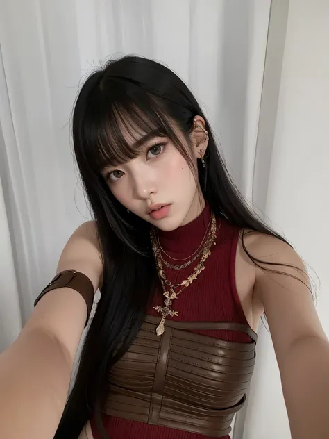 Un primer plano de una mujer con el pelo largo con una blusa roja, long hair con flequillo, Lalisa Manobal, con flequillo, long hair con flequillo completo, she has black hair con flequillo, ulzzang, con flequillo completo, brown long hair con flequillo, f...