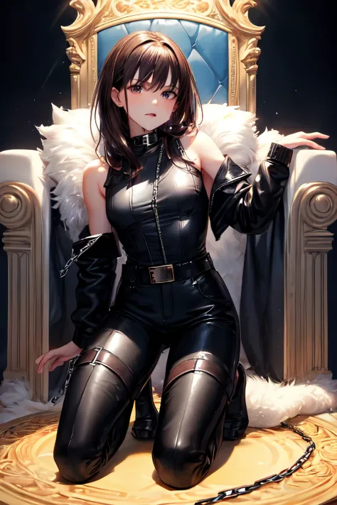 ((best quality)), ((masterpiece)), (detailed), best quality, expressive eyes, perfect face, male body, drooling, shoulder length dark brown hair, dark brown eyes, slightly pale skin, kneeling at the foot of a throne, looking upwards, wearing black leather ...