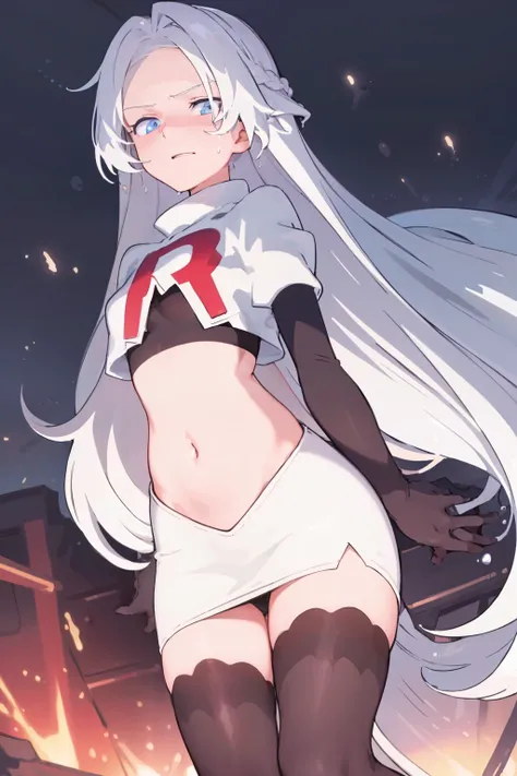 masterpiece, best quality, ultra-detailed, illustration, warm lighting, bright colors, 8K wallpaper, 1girl, solo, very long hair, white hair, blue eyes, wet hair, wet skin,team rocket,team rocket uniform,white skirt,red letter R,crop top,black thigh-highs,...