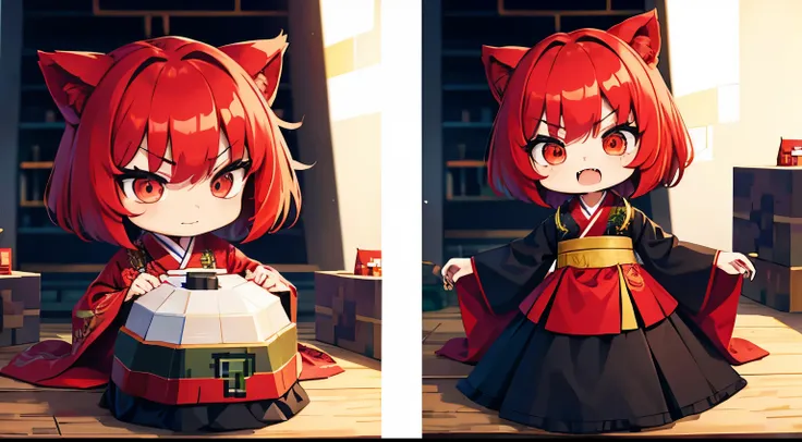 (chibi), angry,  Red hair, s whole body, minecraft, korean hanbok