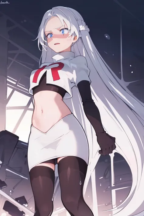 masterpiece, best quality, ultra-detailed, illustration, warm lighting, bright colors, 8K wallpaper, 1girl, solo, very long hair, white hair, blue eyes, wet hair, wet skin,team rocket,team rocket uniform,white skirt,red letter R,crop top,black thigh-highs,...