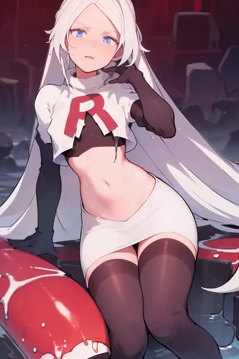 masterpiece, best quality, ultra-detailed, illustration, warm lighting, bright colors, 8K wallpaper, 1girl, solo, very long hair, white hair, blue eyes, wet hair, wet skin,team rocket,team rocket uniform,white skirt,red letter R,crop top,black thigh-highs,...