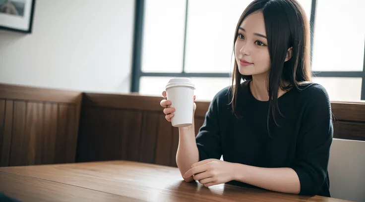 A beautiful woman with dark hair, Smiling, wearing work clothes, Sitting in a coffee shop, With a cup of coffee in his hand, drink coffee elegantly, High quality photos, perfect litthing.