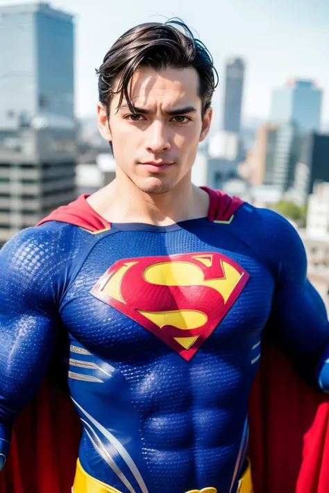 Portrait of a superman in a knitted texture blue bodysuit with a red and yellow superman logo on the chest, city in the background, blurry background, professional shot, bright saturated colors, sharp focus, highly detailed