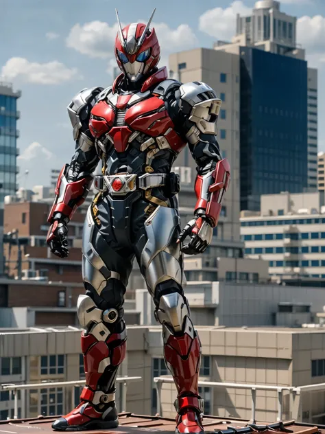 A super  a high-tech biotech battle suit, standing on a rooftop, looking over the city, Japanese tokusatsu and American comic style, biometallic texture of the suit, sleek and shiny, dynamic, fast, natural light, cinematic, high quality, high resolution, h...