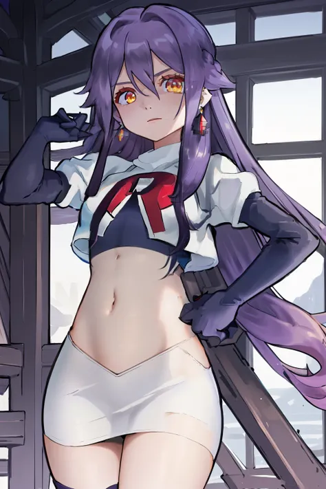 masterpiece, best quality, best 8k wallpaper,
1 girl, long hair, purple hair, bangs, yellow eyes, earrings, hair between eyes,
team rocket,team rocket uniform,white skirt,red letter R,crop top,black thigh-highs,black elbow gloves