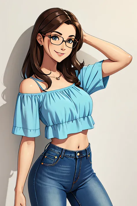 Indie game art,(full body wearing jeans and midriff exposing blouse, Cartoon style), Hand drawn, Technical illustration, Graphic design, brunette, glasses, smiling