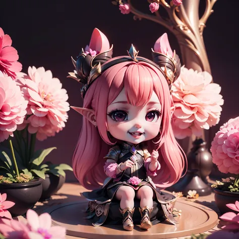 cute baby chibi selena mobile legend,(((chibi 3d))) (best quality) (master price)、(chibi :1.3)、sitting on smoky pink flowers、spe...