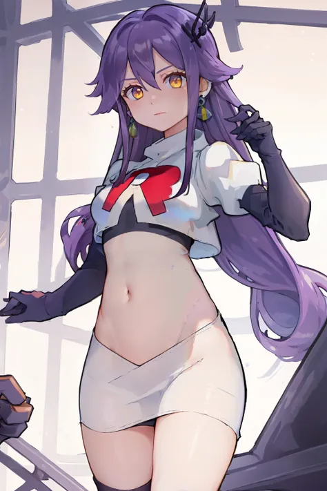 masterpiece, best quality, best 8k wallpaper,
1 girl, long hair, purple hair, bangs, yellow eyes, earrings, hair between eyes, hair ornament,
team rocket,team rocket uniform,white skirt,red letter R,crop top,black thigh-highs,black elbow gloves