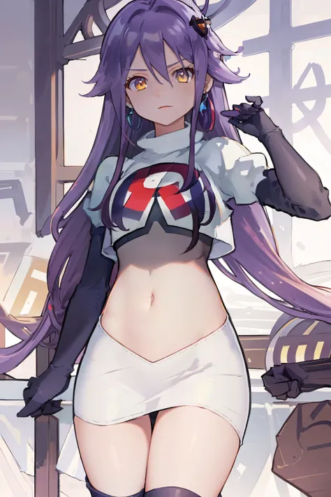 masterpiece, best quality, best 8k wallpaper,
1 girl, long hair, purple hair, bangs, yellow eyes, earrings, hair between eyes, hair ornament,
team rocket,team rocket uniform,white skirt,red letter R,crop top,black thigh-highs,black elbow gloves