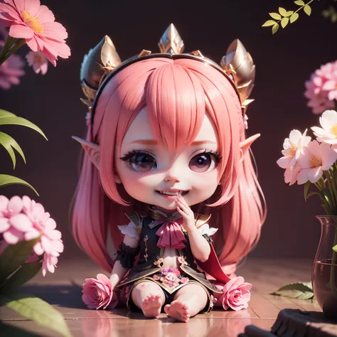 cute baby chibi selena mobile legend,(((chibi 3d))) (best quality) (master price)、(chibi :1.3)、sitting on smoky pink flowers、spe...