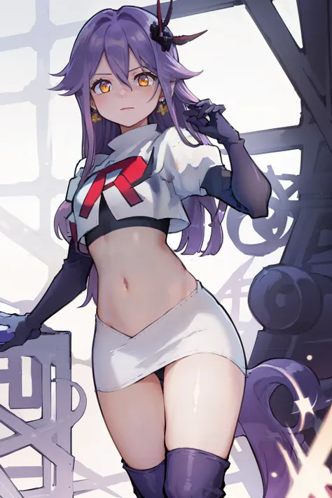 masterpiece, best quality, best 8k wallpaper, 
1 girl, long hair, purple hair, bangs, yellow eyes, earrings, hair between eyes, hair ornament,
team rocket,team rocket uniform,white skirt,red letter R,crop top,black thigh-highs,black elbow gloves