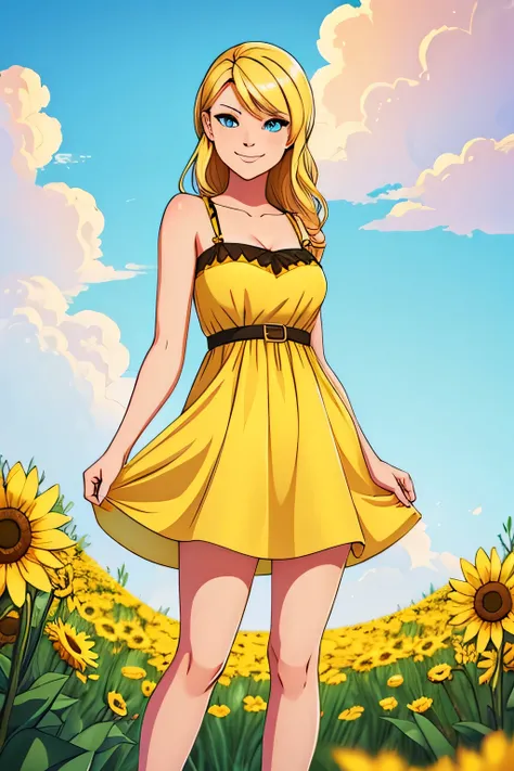 Indie game art,(wearing yellow sundress, Cartoon style), Hand drawn, Technical illustration, Graphic design, western style animation, blonde, college girl, smirking