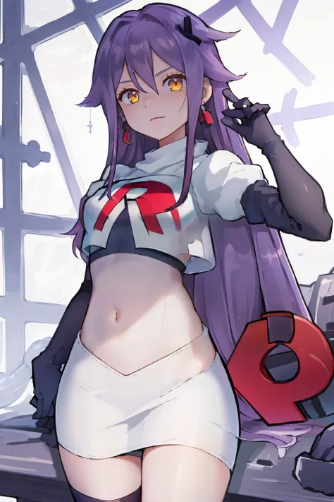 masterpiece, best quality, best 8k wallpaper, 
1 girl, long hair, purple hair, bangs, yellow eyes, earrings, hair between eyes, hair ornament,
team rocket,team rocket uniform,white skirt,red letter R,crop top,black thigh-highs,black elbow gloves