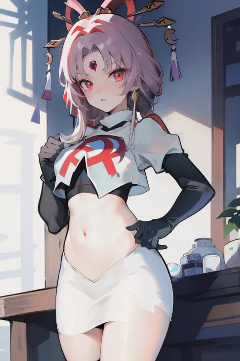 ((masterpiece,best quality)), highres, 1girl, fuxuan, cowboy shot, team rocket,team rocket uniform,white skirt,red letter R,crop top,black thigh-highs,black elbow gloves