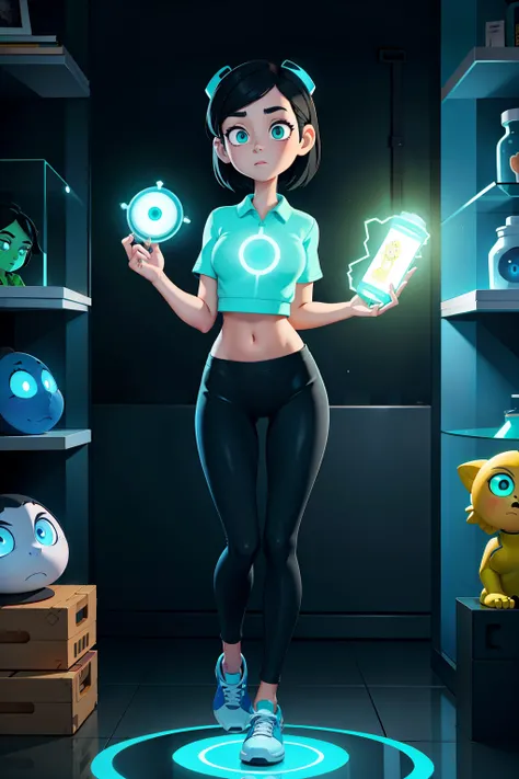 1girl, housewife, black hair, green eyes, glowing eyes, blue sportswear, glass case, mind-controlled, hypnotized, attention, hollow eyes, 3D Disney style, full body