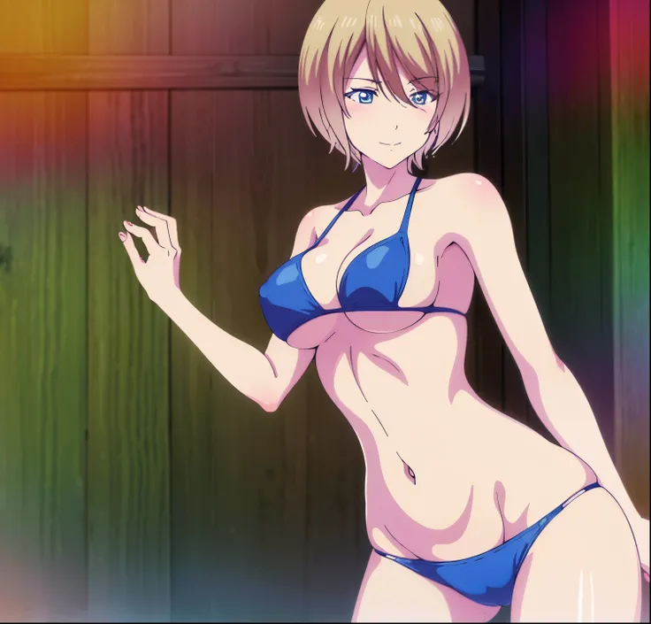 (masterpiece, best quality), 1girl, solo, short hair, blonde hair, blue eyes, light smile, swimsuit, underboob, navel,