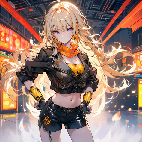 (​masterpiece、top-quality:1.2), cowboy  shot, 独奏, 1girl in, Yang Xiaolong, Put your hands on your hips, Ahoge, a purple eye, Brown jacket, Yellow tube top, Black shorts, Black fingerless gloves, orange scarf, waist cape, Midriff, cleavage of the breast,