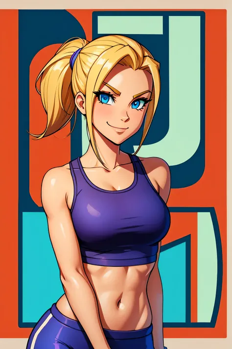 Indie game art,(wearing workout clothing, Cartoon style), Hand drawn, Technical illustration, Graphic design,blonde pony tail, college girl, smirking