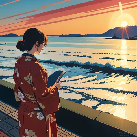 Illustration style、ukiyoe painting、Showa Anime、Woman facing this way、japanes、The morning sun is shining in the background、Shinkai Makoto style、The season is winter、I can see the sea in the distance