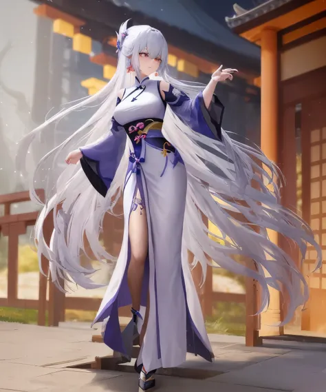 photo of a woman wearing a long dress, keqing from genshin impact, zhongli from genshin impact, extremely fine ink lineart, full-body xianxia, beautiful celestial mage, Official Character Art, beautiful line art, Ayaka Genshin Impact, white haired god, flo...