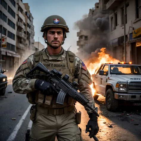 8k, RAW photo, best quality, masterpiece:1.2),(realistic), handsome fit male white American soldier in full battle uniform with United States flag patch and helmet wearing armor vest and holding automatic weapons fighting against terrorist in an Afghanista...