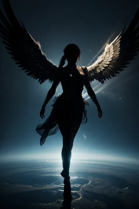 silhouette angel, magestic wings, incredibly beautiful earth, diamonds caustics, ultra-detailed, 8k, dynamic lighting